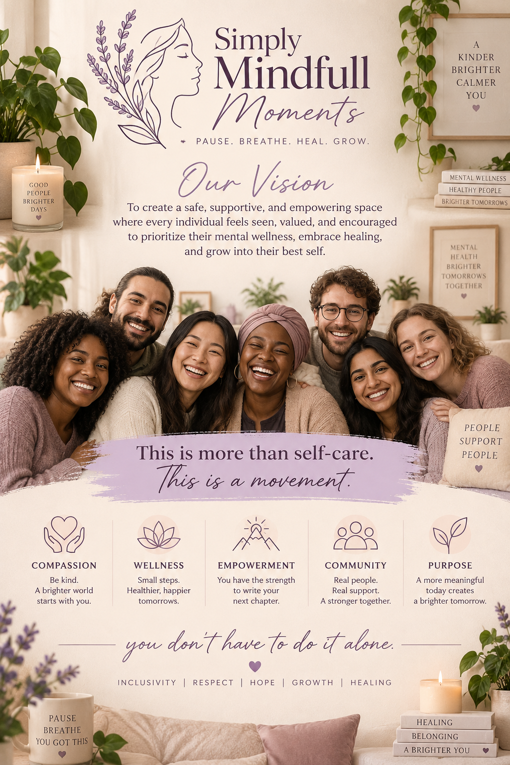Simply Mindfull Moments vision poster: a diverse group of people smiling together with values of compassion, wellness, empowerment, community, and purpose